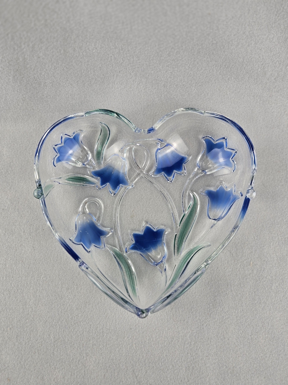 Vintage Mikasa Walther Glass Bluebells Large Heart Bowl Floral Serving Dish 9.5"